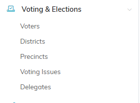 The Voting and Elections menu expanded showing Voters, Districts, Precincts, Voting Issues and Delegates