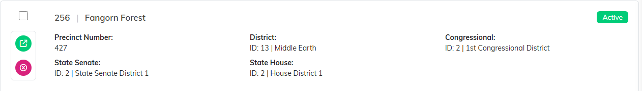 A precinct row with a checkbox on the left and its district and legislative districts listed