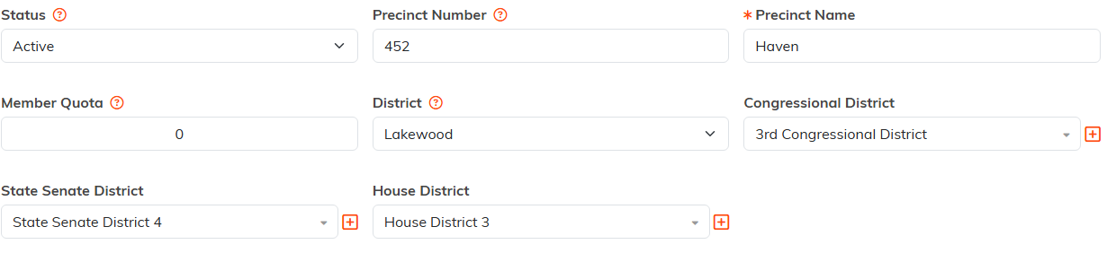 The precinct fields: status, number, name, member quota, district, congressional, state senate and house district