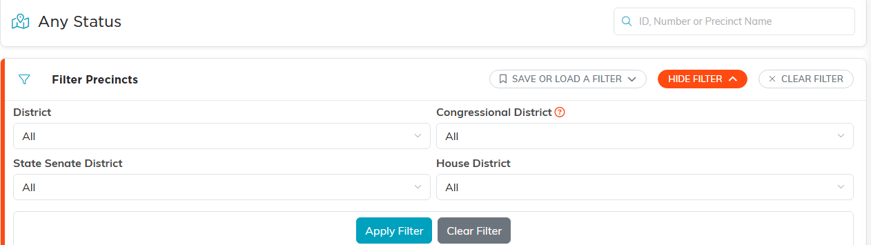 The top of the Precincts list with a search box and the filter panel open on District