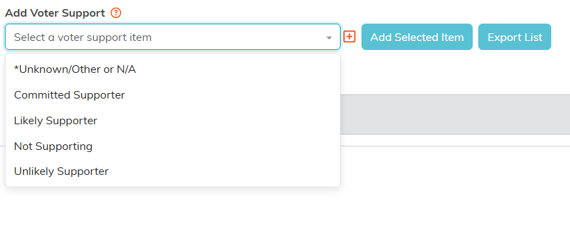 The Add Voter Support picker open, listing the support values, with a plus icon beside it