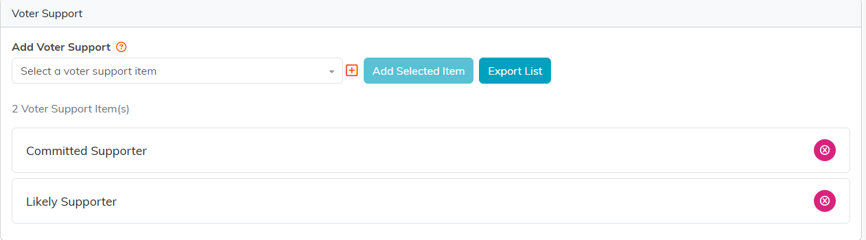 The Voter Support page with a running count and two tagged values, each with a remove icon