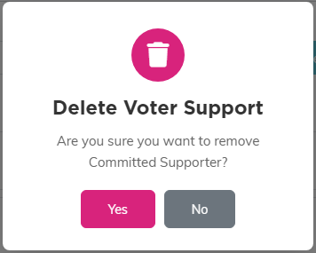 The Delete Voter Support confirmation window with Yes and No buttons