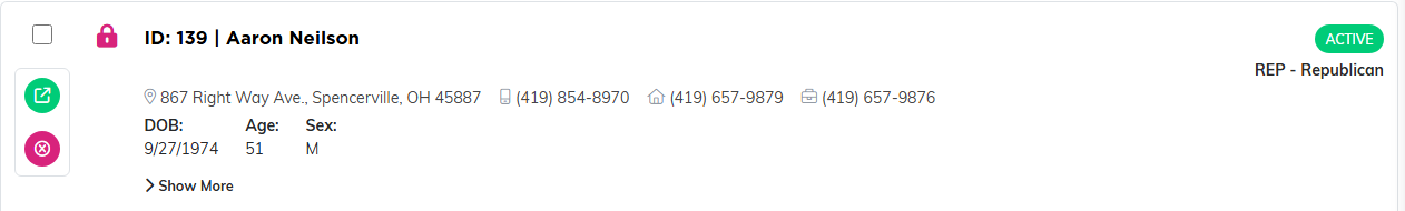 A voter row in the list showing the ID, name, address, phone numbers and party