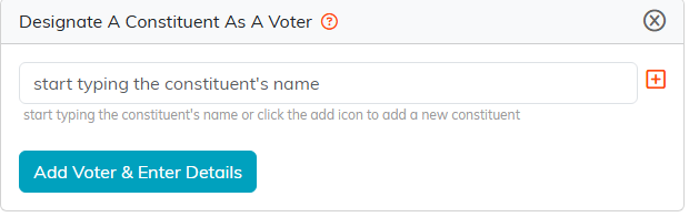 The Designate A Constituent As A Voter screen with a name box and an Add Voter and Enter Details button