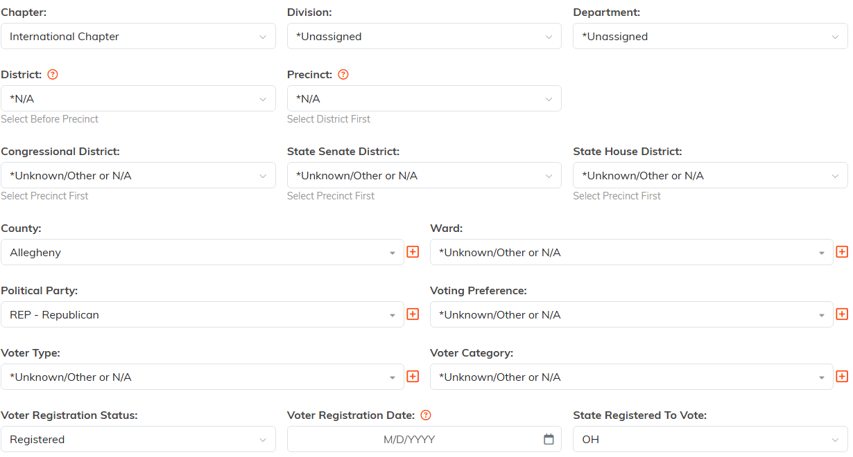 The Voter Details fields covering district, precinct, county, ward, party, voting preference, voter type and registration