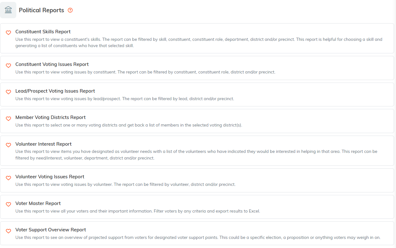 The Political Reports category in the Report Center listing the voter and voting issue reports