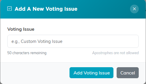 The Add A New Voting Issue window with a single Voting Issue field and an Add Voting Issue button