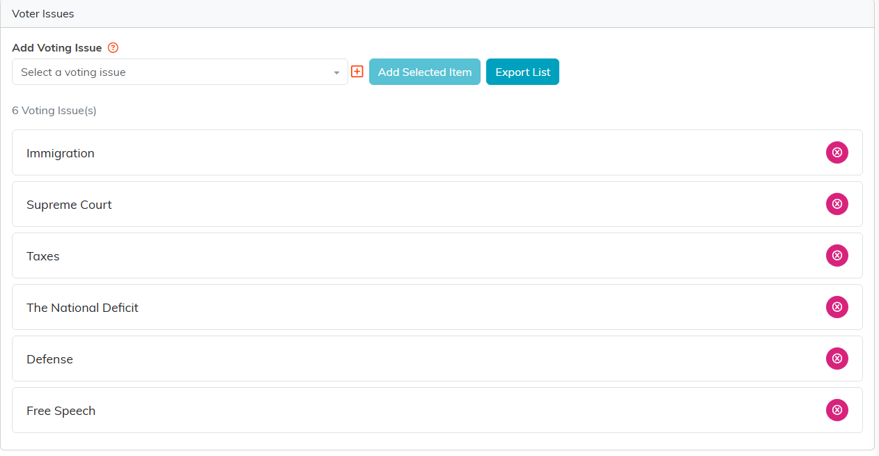 The Important Issues page on a voter, with a count line and six tagged issues, each with a remove icon