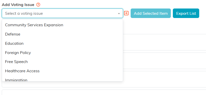 The Add Voting Issue picker open on a voter, listing the issues, with a plus icon beside it