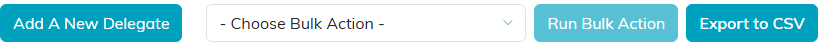 The action bar on the Delegates list with Add A New Delegate, the bulk action picker and Export to CSV