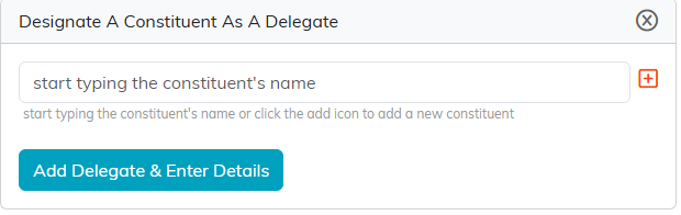 The Designate A Constituent As A Delegate screen with a name box and an Add Delegate and Enter Details button