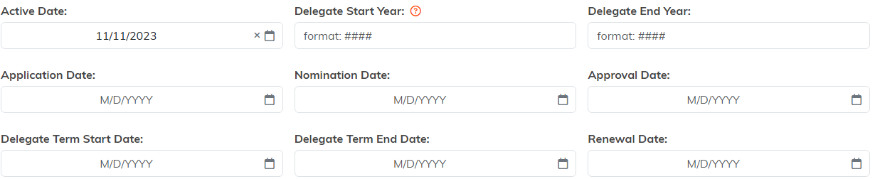 The delegate date fields: active date, start and end year, application, nomination, approval, term start and end, and renewal