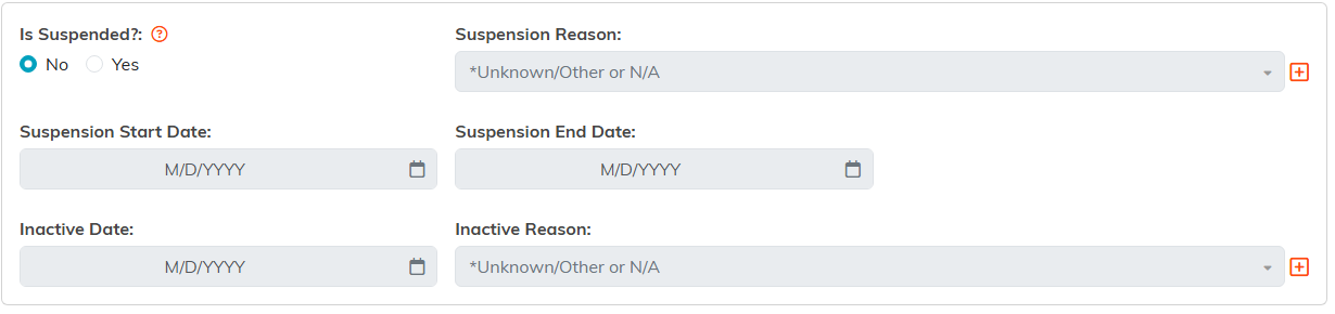 The Is Suspended question with suspension reason and dates, greyed out while it is set to No