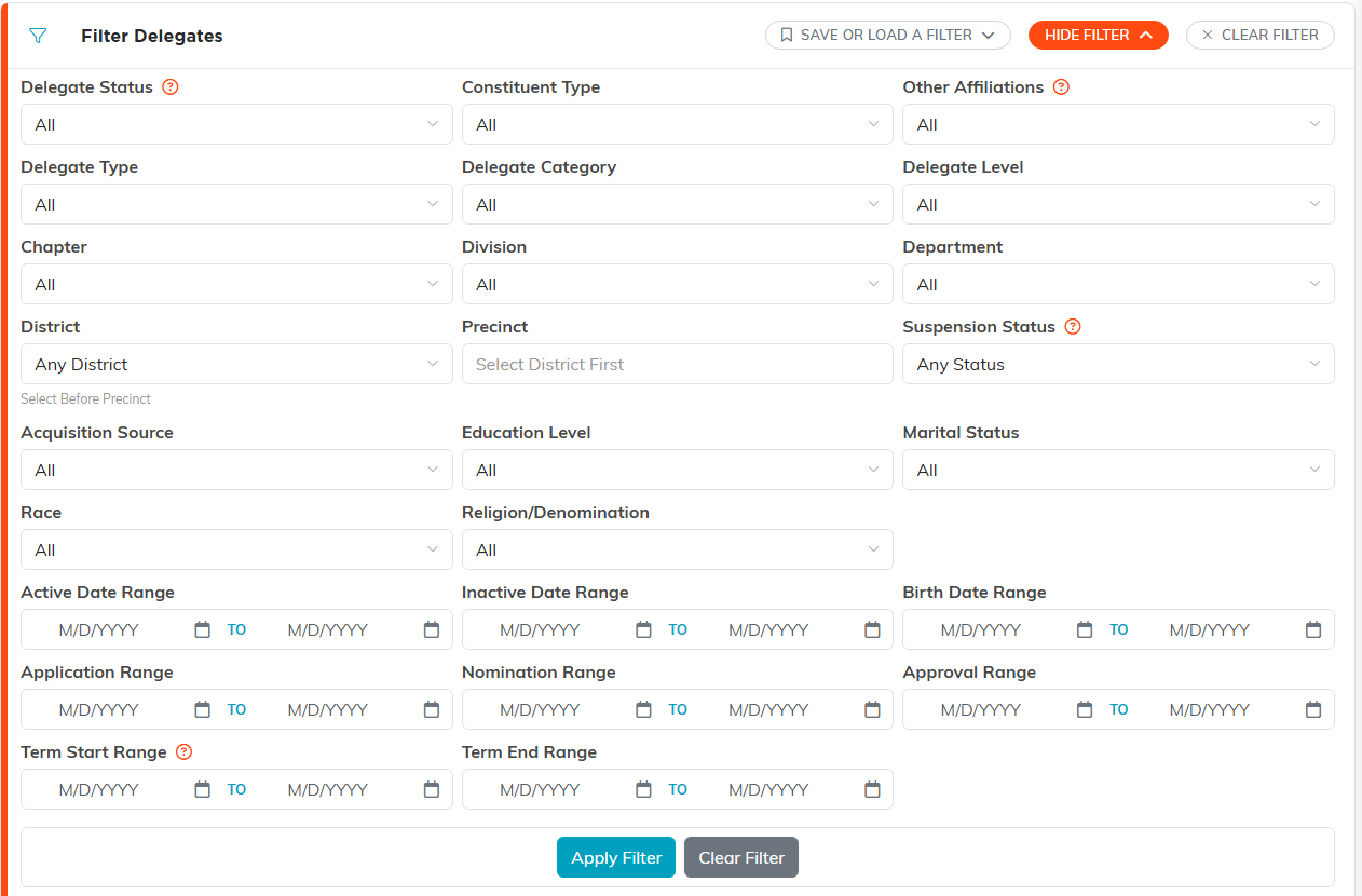 The delegate filter panel open with status, type, category, level, chapter, division, department, district, precinct and several date ranges
