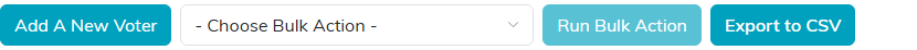 The action bar on the Voters list with Add A New Voter, the bulk action picker and Export to CSV