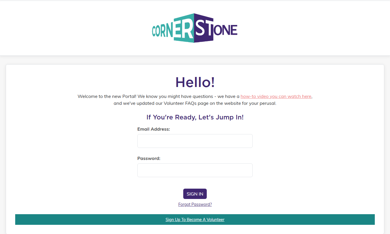 The volunteer portal sign in page showing the organization logo, an email address and password box, a Sign In button, a Forgot Password link and a Sign Up To Become A Volunteer bar