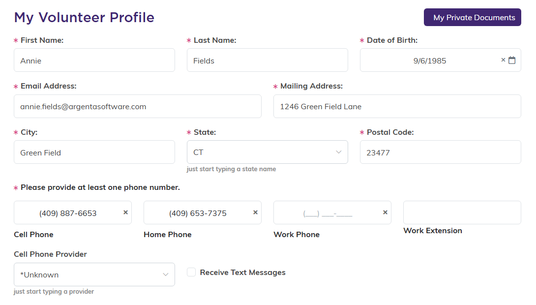 My Volunteer Profile with name, date of birth, email, mailing address, city, state, postal code and phone number fields