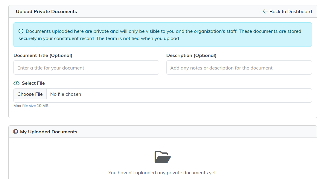 The Upload Private Documents page with a document title, a description, a file picker and a list of documents already uploaded