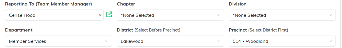 The Reporting To, Chapter, Division, Department, District and Precinct fields
