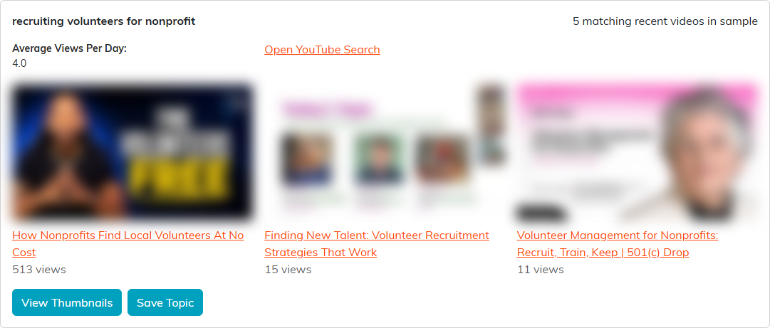 One suggested phrase, recruiting volunteers for nonprofit, with 5 matching recent videos, its average views per day, three example videos, and the View Thumbnails and Save Topic buttons.