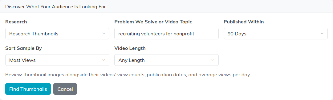 The Discover card with Research set to Research Thumbnails, showing Published Within, Sort Sample By and Video Length, and the Find Thumbnails button.