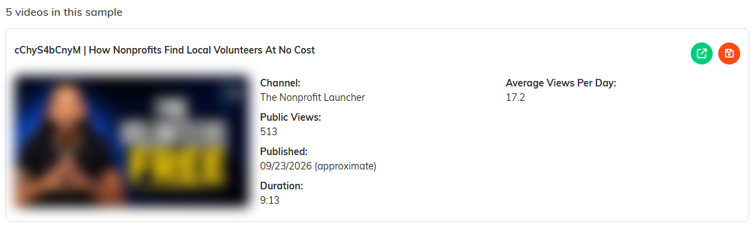 One video in a thumbnail sample, with its channel, public views, published date, duration and average views per day, and the open and save icons at the right.