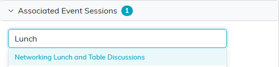 Lunch typed in the Associated Event Sessions search, with Networking Lunch and Table Discussions offered