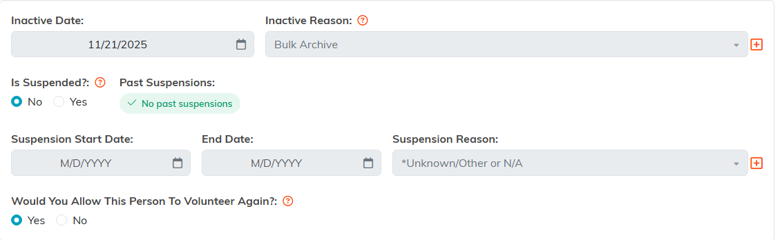 The suspension fields on Volunteer Details, showing Is Suspended, Past Suspensions, Suspension Start Date, End Date and Suspension Reason