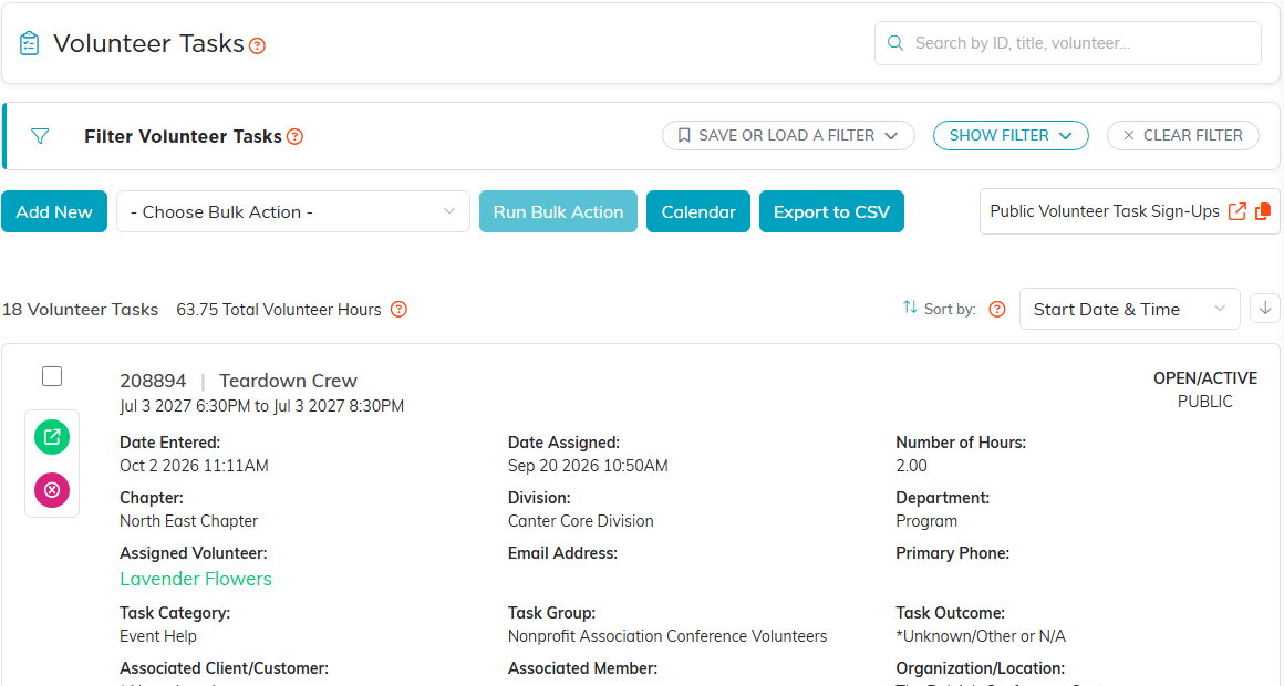 The Volunteer Tasks page with its Add New, Calendar and Export controls