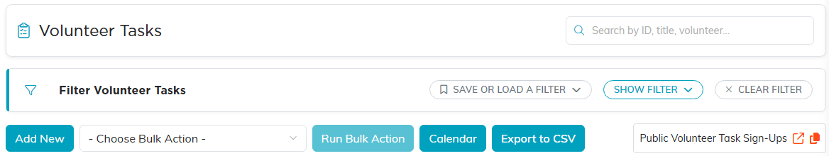 The Volunteer Tasks page with its Add New, Calendar and Export controls