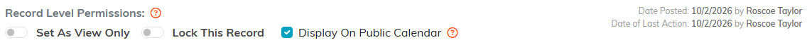 The record permission switches with the Display On Public Calendar checkbox