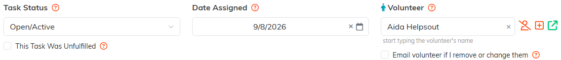 Task Status, Date Assigned and the Volunteer field on a volunteer task