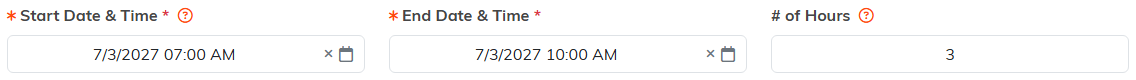The Start Date and Time, End Date and Time, and number of hours fields