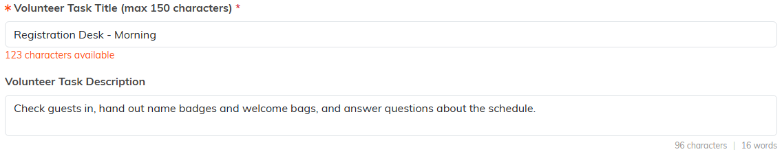 The Volunteer Task Title and Volunteer Task Description fields