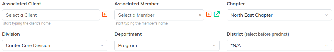 The Associated Client, Associated Member and Chapter fields