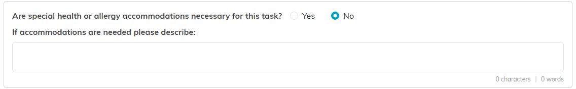 The health and allergy accommodations question with a description field