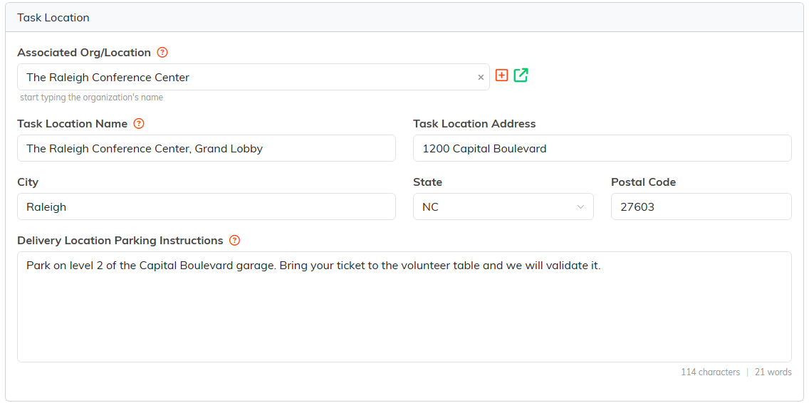The Task Location card linked to The Raleigh Conference Center, with the Grand Lobby, the street address and parking instructions filled in