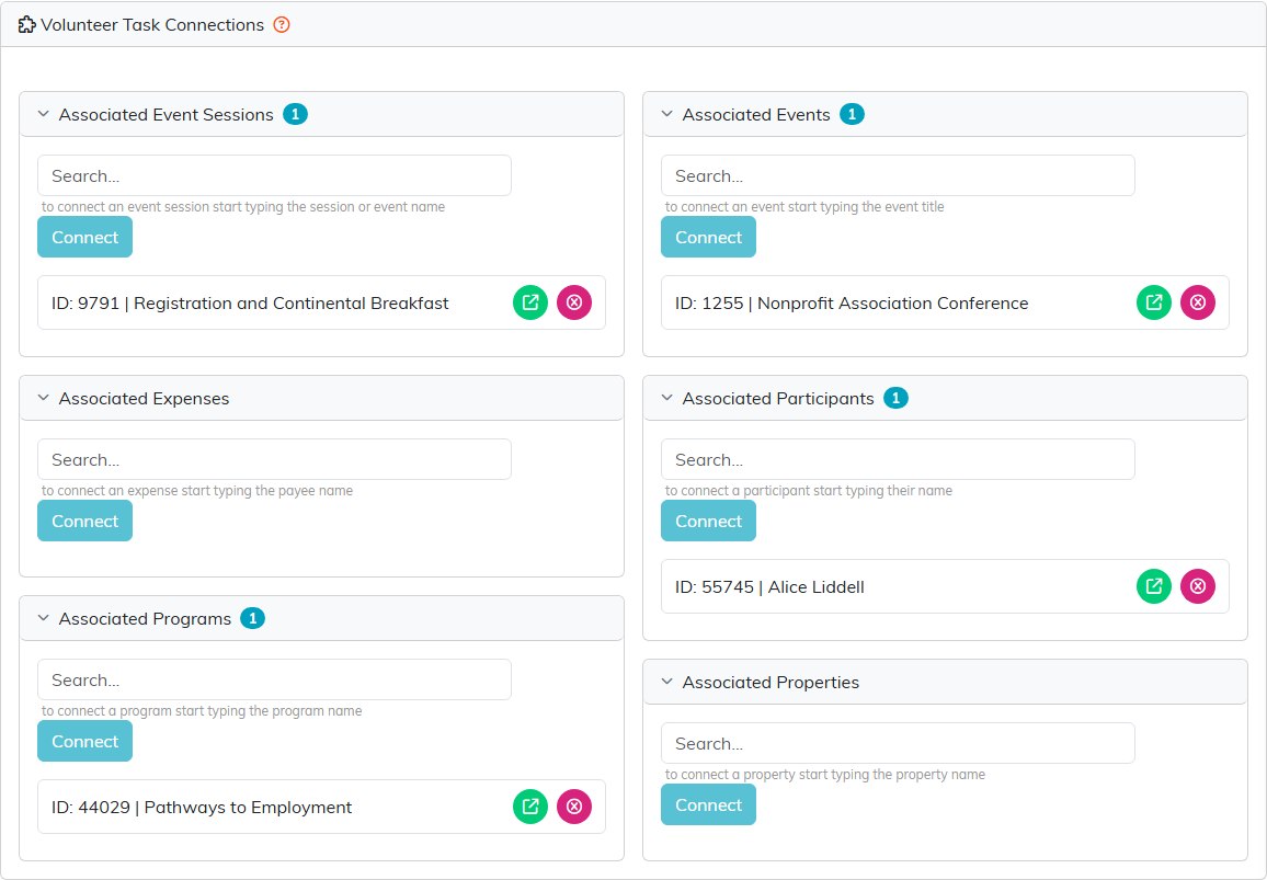 The Volunteer Task Connections page with the Registration and Continental Breakfast session and the Nonprofit Association Conference event connected