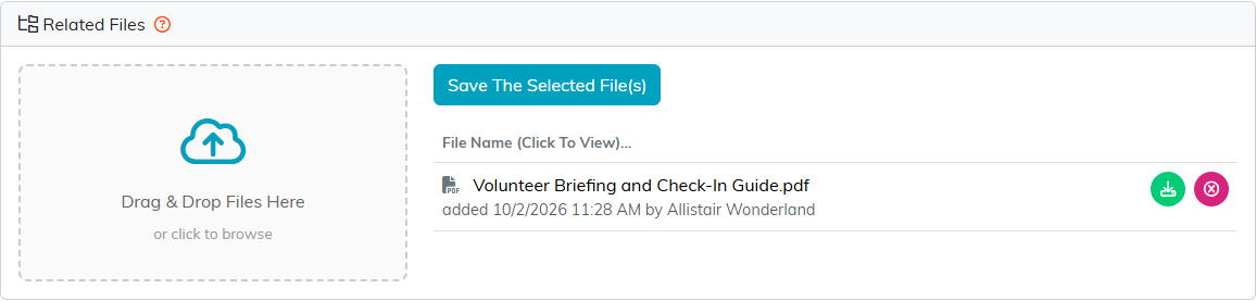 The Related Files panel on the morning registration desk task with the Volunteer Briefing and Check-In Guide PDF, and the date and time it was added and who added it under its name
