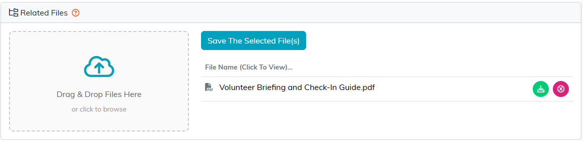 The Related Files panel on the morning registration desk task with the Volunteer Briefing and Check-In Guide PDF
