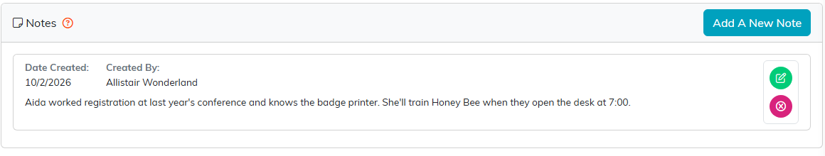 A note on the morning registration desk task saying Aida Helpsout will train Honey Bee on the badge printer