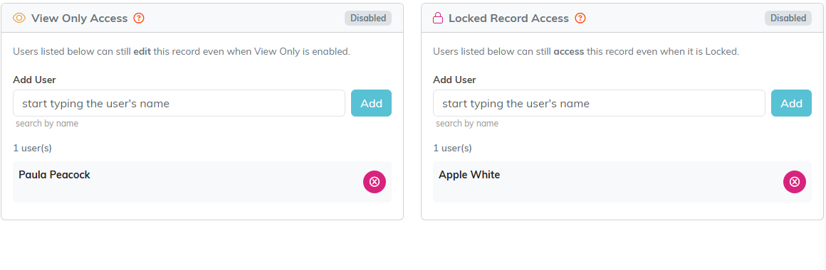 The Record Permissions page on the morning registration desk task, with Paula Peacock under View Only Access and Apple White under Locked Record Access