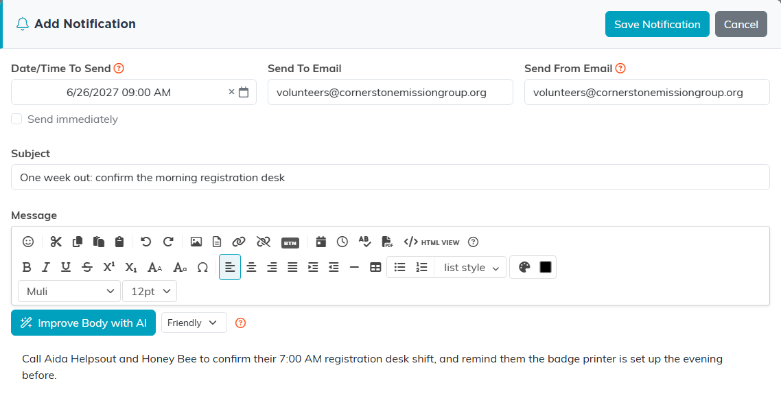 The Add Notification window set to send on June 26, 2027 at 9:00 AM, with a subject and a message about confirming the morning registration desk volunteers