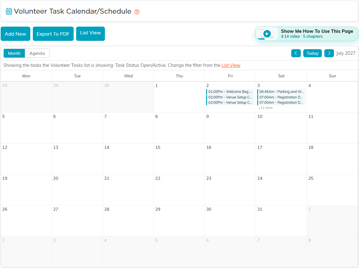The volunteer task calendar in month view with tasks on their scheduled days, the Add New, Export To PDF and List View buttons, and the Show Me How To Use This Page video