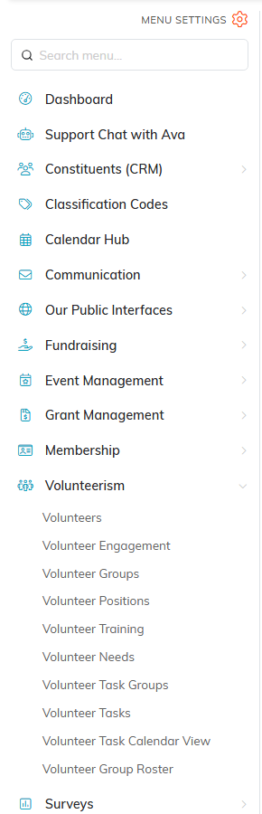 The left menu with Volunteerism expanded and Volunteer Task Groups highlighted