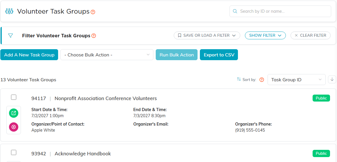 The Volunteer Task Groups list header with the Add A New Task Group button highlighted