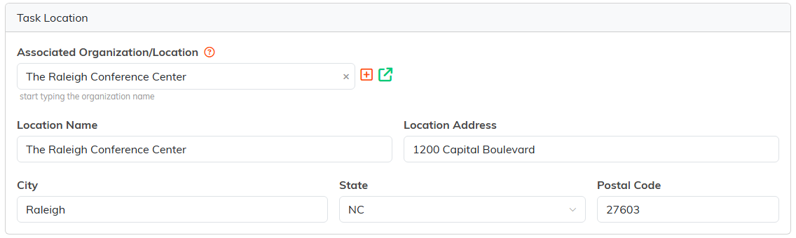 The Task Location card with the Associated Organization or Location search and the Location Name, Location Address, City, State and Postal Code fields