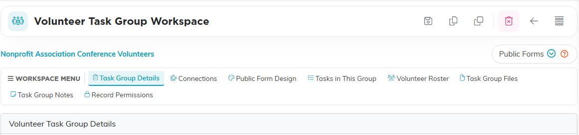 The tabs across the Volunteer Task Group Workspace
