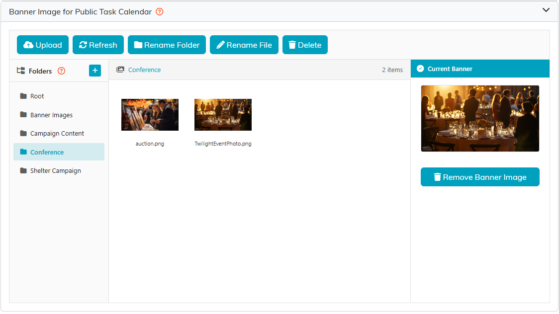 The Banner Image for Public Task Calendar card with the image library on the left and the chosen reception photo under Current Banner